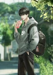 Rule 34 | 1boy, backpack, bag, black bag, black eyes, black hair, black pants, blurry, blurry background, closed mouth, commentary, drink, drinking straw, hand in pocket, highres, holding, holding drink, hood, hoodie, korean commentary, long sleeves, looking at viewer, male focus, nike (company), noche official, pants, rukawa kaede, short hair, slam dunk (series), solo, twitter username