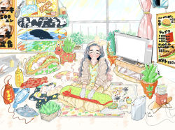 Rule 34 | 1girl, absurdres, artist name, black hair, burger, cat, closed eyes, curtains, facing viewer, food, glasses, grass, highres, indoors, kawatsu yuuki, ketchup, long hair, mustard, original, plant, poster (object), potted plant, round eyewear, sitting, skateboard, solo, stylus, television, wide shot, window