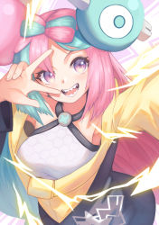 Rule 34 | 1girl, absurdres, aoi zerii, bow-shaped hair, character hair ornament, creatures (company), game freak, hair ornament, hexagon print, highres, iono (pokemon), jacket, nintendo, oversized clothes, peace symbol, pokemon, pokemon sv, sharp teeth, sleeves past fingers, sleeves past wrists, solo, teeth, v, v over eye, very long sleeves, x, yellow jacket