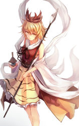 Rule 34 | 1girl, adapted costume, animal print, apron, bare shoulders, bishamonten&#039;s pagoda, blonde hair, detached sleeves, dress, hair ornament, long sleeves, looking at viewer, nakaichi (ridil), polearm, shawl, short hair, simple background, smile, solo, spear, tiger print, toramaru shou, touhou, waist apron, weapon, white background, wide sleeves, yellow eyes