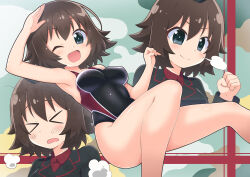 Rule 34 | &gt; &lt;, 1girl, black jacket, black one-piece swimsuit, blue eyes, brown hair, camouflage background, collage, commentary, commission, competition swimsuit, determined, dirty, dirty clothes, dirty face, girls und panzer, hida ema, jacket, kuromorimine military uniform, one-piece swimsuit, one eye closed, open mouth, pixiv commission, red shirt, salute, shirt, short hair, smile, solo, swimsuit, yuuma (skirthike)