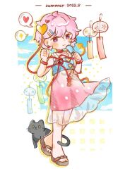 Rule 34 | 1girl, adapted costume, black footwear, blue shirt, blush stickers, cat, chinese clothes, choker, closed mouth, commentary, earrings, food, full body, hair between eyes, hair ornament, hairclip, hands up, heart, heart hair ornament, highres, holding, holding food, holding ice cream, holding popsicle, ice cream, jewelry, komeiji satori, looking at viewer, pink hair, pink skirt, popsicle, purple eyes, red choker, red eyes, sandals, shirt, short hair, skirt, sleeveless, sleeveless shirt, smile, solo, spoken heart, spoken sparkle, standing, third eye, touhou, wind chime, yejiubane shuiping