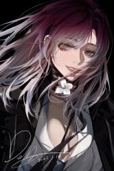 Rule 34 | 1girl, absurdres, black coat, breasts, cleavage, coat, collared shirt, dated, doo58455, flower, glowing, glowing eye, gradient hair, grey eyes, heterochromia, highres, long hair, looking at viewer, multicolored hair, neck flower, open clothes, open coat, partially unbuttoned, path to nowhere, pink hair, purple hair, red eyes, shalom (path to nowhere), shirt, signature, smile, solo, symbol-shaped pupils, triangle-shaped pupils, two-tone hair, upper body, white flower, white shirt