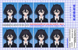 Rule 34 | 1girl, asymmetrical hair, black eyes, black hair, black jacket, blazer, braid, closed mouth, collared shirt, commentary, glasses, grid background, hair between eyes, highres, horns, indie virtual youtuber, jacket, light smile, long hair, looking at viewer, low twin braids, mojibake text, multiple views, neck ribbon, nkymyura, photo (object), recurring image, ribbon, ringed eyes, semi-rimless eyewear, shirt, stitched neck, stitches, translation request, twin braids, virtual youtuber, white shirt, yamata ia