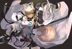 Rule 34 | 1girl, absurdres, animal ears, arknights, black background, blonde hair, highres, lance, nearl (arknights), nearl the radiant knight (arknights), onkyi, polearm, shorts, smile, solo, weapon