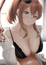 Rule 34 | 1girl, absurdres, alternate costume, black bra, blue eyes, bra, breasts, brown hair, cleavage, commission, dress shirt, hair between eyes, head tilt, high side ponytail, highres, kantai collection, large breasts, long hair, looking at viewer, navel, open clothes, open shirt, saratoga (kancolle), shirt, skeb commission, smile, solo, tama (tamago), underwear, white shirt