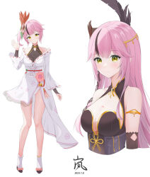 Rule 34 | 1girl, absurdres, bare legs, bare shoulders, black shirt, breasts, cleavage, cropped torso, dress, feather hair ornament, feathers, full body, gold trim, green eyes, hair ornament, hand up, highres, lan (tower of fantasy), large breasts, long hair, long sleeves, looking at viewer, multicolored hair, multiple views, off-shoulder dress, off shoulder, panties, panty peek, pink hair, see-through, see-through cleavage, shirt, side ponytail, simple background, sleeveless, sleeveless shirt, smile, socks, standing, straight hair, streaked hair, thighs, tower of fantasy, undershirt, underwear, white background, white dress, white panties, white socks, xiatian