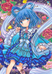 Rule 34 | 1girl, :o, adapted costume, blue eyes, blue hair, blue neckwear, blue ribbon, blush, commentary request, dress, feet out of frame, floral background, flower, frills, hagoromo, hair ornament, hair rings, hair stick, hand up, kaku seiga, layered dress, looking at viewer, marker (medium), medium hair, ofuda, open mouth, petticoat, pink flower, ribbon, rui (sugar3), sample watermark, shawl, solo, touhou, traditional media, watermark