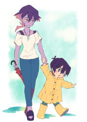 Rule 34 | 1boy, 1girl, black hair, boots, child, closed umbrella, colored sclera, colored skin, facial mark, grey eyes, holding hands, hyakujuu-ou golion, jewelry, keith (voltron), krolia, miyata (lhr), mother and son, necklace, pants, pointy ears, puddle, purple eyes, purple hair, purple skin, raincoat, rubber boots, sandals, smile, spoilers, umbrella, voltron: legendary defender, voltron (series), walking, yellow sclera, aged down