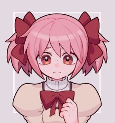 Rule 34 | 1girl, bow, clenched hand, grey background, hair between eyes, hair bow, kaname madoka, keropiki, mahou shoujo madoka magica, mitakihara school uniform, nervous, nervous sweating, pink eyes, pink hair, portrait, puffy sleeves, red bow, red ribbon, ribbon, school uniform, short hair, short twintails, solo, sweat, twintails