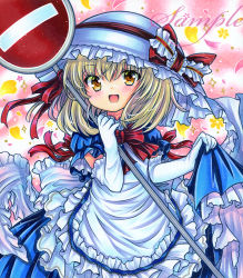 Rule 34 | 1girl, :d, apron, blonde hair, blue dress, blush, bow, bowtie, cowboy shot, dress, elbow gloves, frilled apron, frilled bow, frilled dress, frilled gloves, frills, gloves, hair between eyes, hat, hat bow, hat ribbon, holding, kana anaberal, looking at viewer, marker (medium), medium hair, open mouth, petals, puffy short sleeves, puffy sleeves, red bow, red ribbon, ribbon, road sign, rui (sugar3), sample watermark, short sleeves, sign, skirt hold, smile, solo, sparkle, standing, stop sign, touhou, touhou (pc-98), traditional media, watermark, white apron, white gloves, white hat, yellow eyes