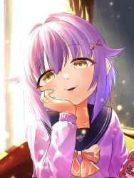 1girl asagi666c backlighting blush hair_flaps hair_ornament hand_on_own_cheek hand_on_own_face head_rest highres idolmaster idolmaster_cinderella_girls koshimizu_sachiko looking_at_viewer parted_lips purple_hair purple_sweater sailor_collar short_hair smile solo sweater upper_body window x_hair_ornament yellow_eyes