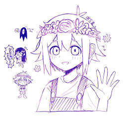 Rule 34 | &gt; &lt;, 1boy, antenna hair, aubrey (headspace) (omori), aubrey (omori), basil (headspace) (omori), basil (omori), blush, buttons, camera, chibi, chibi inset, commentary request, cropped torso, dress, flipped hair, flower, flower wreath, flying sweatdrops, full body, grin, hair between eyes, hand up, head wreath, holding, holding camera, kuw4, long hair, looking at viewer, notice lines, omori, overalls, shirt, short hair, short sleeves, simple background, smile, solo, something (omori), translation request, waving, white background