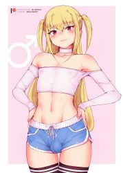 Rule 34 | 1boy, absurdres, artist name, bare shoulders, blonde hair, bluefield, blush, bulge, commentary request, dolphin shorts, highres, long hair, male focus, maria holic, midriff, mole, mole under eye, navel, patreon username, red eyes, shidou mariya, shorts, solo, thighhighs, trap, twintails, two side up