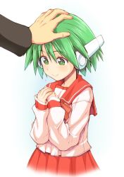 Rule 34 | 1boy, 1girl, blouse, blush, bow, bowtie, closed mouth, cropped torso, flying sweatdrops, green eyes, green hair, hagiya masakage, hand on another&#039;s head, light blush, multi (to heart), own hands together, pink neckwear, pink shirt, pink skirt, pleated skirt, robot ears, school uniform, serafuku, shirt, short hair, skirt, smile, solo focus, standing, to heart, to heart (series)