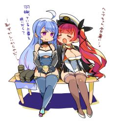 Rule 34 | 2girls, :o, ahoge, azur lane, between legs, blue hair, blue thighhighs, blush, breasts, brown legwear, cleavage, closed eyes, commentary request, cup, elbow gloves, garter straps, gloves, green tea, hand between legs, hat, helena (azur lane), honolulu (azur lane), large breasts, long hair, mota, multiple girls, peaked cap, purple eyes, red hair, simple background, sitting, smile, tea, thighhighs, translation request, twintails, white background, yunomi, zettai ryouiki
