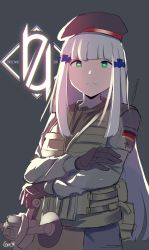 Rule 34 | 1girl, 404 logo (girls&#039; frontline), absurdres, beret, black gloves, black hat, closed mouth, commentary, english commentary, english text, gar32, german flag, girls&#039; frontline, gloves, green eyes, grey background, grey hair, grey jacket, hair ornament, hat, highres, hk416 (girls&#039; frontline), holding, jacket, long hair, long sleeves, looking at viewer, rainbow six siege, simple background, sketch, solo, text background, v-shaped eyebrows, very long hair