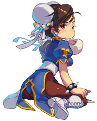 Rule 34 | 1girl, baozi, blush, boots, bracelet, breasts, brown eyes, brown hair, brown pantyhose, bun cover, capcom, china dress, chinese clothes, chun-li, closed mouth, cross-laced footwear, double bun, dress, earrings, food, food on face, full body, hair bun, highres, holding, holding food, jewelry, knee boots, large breasts, looking at viewer, pantyhose, pearl earrings, puffy short sleeves, puffy sleeves, ribbon, sash, short sleeves, sitting, solo, spiked bracelet, spikes, splish, street fighter, street fighter ii (series), swept bangs, wariza, white background, white footwear, white ribbon