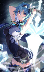 Rule 34 | 1girl, adapted costume, armpits, arms up, bare shoulders, black gloves, black hairband, black thighhighs, blue hair, blue necktie, breasts, commentary request, cowboy shot, eula (genshin impact), genshin impact, gloves, hairband, highres, holding, holding sword, holding weapon, medium breasts, necktie, revision, solo, standing, sword, thighhighs, thighs, wanatsu 15, weapon