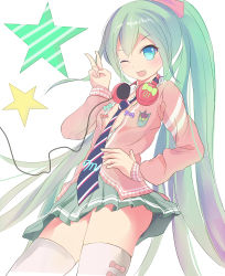 Rule 34 | 1girl, aqua eyes, fang, green hair, gumo, hand on own hip, hatsune miku, headphones, headphones around neck, long hair, necktie, one eye closed, open clothes, open mouth, open shirt, project diva (series), project diva f, shirt, skirt, solo, star (symbol), thighhighs, v, very long hair, vocaloid, white background, wink