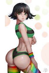 Rule 34 | 1girl, adapted costume, aged up, ass, black hair, bob cut, buttercup (ppg), cartoon network, crop top, green eyes, highres, looking at viewer, panties, powerpuff girls, randy (awesomevillage), solo, striped clothes, striped thighhighs, thighhighs, thong, torn clothes, torn thighhighs, underwear, wristband