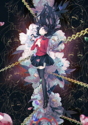 Rule 34 | 1girl, black background, black footwear, black skirt, black thighhighs, chain, chinese commentary, closed eyes, command spell, commentary, facing up, fate/stay night, fate (series), flower, flower request, forehead, full body, gem, gold chain, hands on own chest, holding, holding gem, loafers, long hair, parted bangs, parted lips, plantar flexion, pleated skirt, red sweater, rin kaki, shoes, skirt, solo, sweater, thighhighs, tohsaka rin, turtleneck, turtleneck sweater, white flower, zettai ryouiki