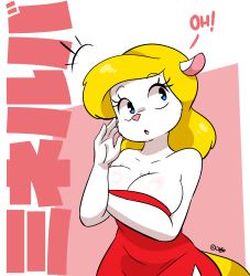 Rule 34 | 1girl, animaniacs, bare arms, bare shoulders, blonde hair, blue eyes, breasts, character name, cleavage, dress, facing viewer, highres, joao pereira, long hair, looking away, looking to the side, looking up, medium breasts, minerva mink, pink background, red dress, simple background, solo, strapless, strapless dress, swept bangs, tail, two-tone background, upper body, white background, white fur