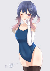 Rule 34 | 01021235, 1girl, absurdres, artist name, blue one-piece swimsuit, breasts, gloves, gradient hair, grey background, highres, kantai collection, long hair, medium breasts, multicolored hair, one-piece swimsuit, purple eyes, purple hair, swimsuit, tsushima (kancolle), white gloves