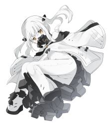 Rule 34 | 1girl, absurdres, ass, black ribbon, blue archive, coat, colored skin, cross-shaped pupils, crotch, ein (blue archive), hair ribbon, highres, inui/byte, legs, long hair, long sleeves, looking at viewer, mechanical tail, midair, open clothes, open coat, respirator, ribbon, sidelocks, sleeves past fingers, sleeves past wrists, solo, stomach, symbol-shaped pupils, tail, thighs, twintails, white background, white coat, white hair, white skin, yellow eyes