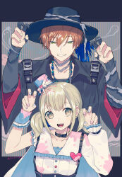 Rule 34 | 1boy, 1girl, asymmetrical sleeves, azusawa mito, bead bracelet, bead necklace, beads, blue nails, bracelet, brown eyes, buttons, choker, commentary, earrings, fingernails, green eyes, hair between eyes, hat, heart, highres, jewelry, long sleeves, looking at viewer, multicolored hair, nail polish, necklace, open mouth, orange hair, pink nails, project sekai, shinonome akito, short twintails, smile, sohu, streaked hair, stud earrings, teeth, twintails, upper body, yellow eyes