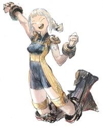 Rule 34 | 1girl, :d, blonde hair, bodysuit, braid, breasts, final fantasy, final fantasy xii, full body, hakusaku, long hair, medium breasts, open mouth, penelo, simple background, smile, solo, teeth, twin braids, twintails, upper teeth only, white background