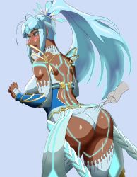 Rule 34 | 1girl, arched back, armor, ass, bare shoulders, blue background, blue eyes, blue hair, blush, breasts, dark-skinned female, dark skin, detached sleeves, embarrassed, female focus, glowing, headgear, highres, large breasts, long hair, looking at viewer, nintendo, open mouth, perun (xenoblade), ponytail, pulling another&#039;s clothes, regiman, shiny skin, simple background, solo, standing, thighhighs, wedgie, white thighhighs, xenoblade chronicles (series), xenoblade chronicles 2