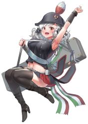 Rule 34 | 1girl, absurdres, arm up, arm warmers, armpits, asymmetrical bangs, bare shoulders, between breasts, black footwear, black ribbon, black thighhighs, boots, breasts, commentary request, flag print, from side, full body, girls&#039; frontline, hair ribbon, hat, high heel boots, high heels, highres, italian flag, large breasts, looking at viewer, microskirt, miniskirt, navel, open mouth, red eyes, ribbon, silver hair, skirt, sleeveless, spas-12 (girls&#039; frontline), stomach, thighhighs, thighs, urrrt, white background, zettai ryouiki