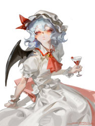 Rule 34 | 1girl, absurdres, arm support, ascot, bat wings, blue hair, breasts, brooch, closed mouth, commentary, cup, dress, drinking glass, english commentary, expressionless, fang, feet out of frame, frilled shirt collar, frills, half-closed eyes, hat, hat ribbon, highres, holding, holding cup, jewelry, looking at viewer, medium hair, mob cap, puffy short sleeves, puffy sleeves, red ascot, red eyes, remilia scarlet, ribbon, short sleeves, simple background, sitting, skin fang, small breasts, solo, touhou, white background, white dress, white hat, wine glass, wings, wrist cuffs, xiaxia