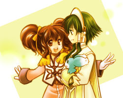 Rule 34 | 00s, 1boy, 1girl, aino yumeri, anise tatlin, blue eyes, brown eyes, brown hair, creature, gloves, green eyes, green hair, hair tubes, ion (tales), mieu (tales), ribbon, short hair with long locks, smile, tales of (series), tales of the abyss, twintails