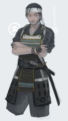 Rule 34 | 1boy, armor, black eyes, black hair, closed mouth, commentary request, cowboy shot, cropped legs, crossed arms, dou, facial hair, ghost of tsushima, hand wraps, headband, insignia, japanese armor, japanese clothes, katana, kizdollark, kusazuri, looking away, male focus, sakai jin, samurai, scabbard, sheath, sheathed, short hair, short sword, simple background, sketch, sleeves rolled up, smile, solo, stubble, sword, tantou, weapon, white background, white headband