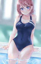 Rule 34 | 1girl, backlighting, bad id, bad twitter id, blue eyes, blue one-piece swimsuit, blurry, blurry background, blush, breasts, brown hair, cleavage, colored eyelashes, commentary request, competition swimsuit, covered navel, cowboy shot, day, depth of field, gluteal fold, hair between eyes, head tilt, highres, indoors, legs together, looking at viewer, love live!, love live! sunshine!!, medium breasts, minori 748, one-piece swimsuit, parted bangs, school swimsuit, short hair, sitting, smile, soaking feet, solo, standing, swept bangs, swimsuit, thigh gap, thighs, watanabe you, wet