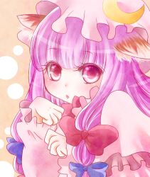 Rule 34 | 1girl, animal ears, bow, cat ears, cat girl, crescent, eyelashes, female focus, hair bow, hat, kemonomimi mode, long hair, long sleeves, looking at viewer, patchouli knowledge, paw pose, pink background, polka dot, purple eyes, purple hair, solo, soyd 562, tongue, tongue out, touhou, upper body