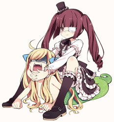 Rule 34 | 2girls, ahoge, black footwear, black hat, blonde hair, blue eyes, blue ribbon, brown eyes, brown hair, camel clutch, clenched hands, closed mouth, constricted pupils, curly hair, dress, eyepatch, fangs, frilled sleeves, frills, frown, full body, gloom (expression), gothic lolita, hair censor, hair ribbon, hanazono yurine, hat, jashin-chan, jashin-chan dropkick, kneehighs, lace, lace-trimmed legwear, lace trim, lolita fashion, long hair, long sleeves, lying, mary janes, medical eyepatch, mini hat, mini top hat, monster girl, multiple girls, nude, official art, on stomach, open mouth, own hands together, ribbon, shoes, simple background, sitting, sitting on person, socks, top hat, twintails, v-shaped eyebrows, very long hair, white background, wrestling, yukiwo