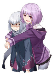 Rule 34 | 10s, :d, anti (ssss.gridman), bad id, bad pixiv id, black jacket, bow, bowtie, brown eyes, cccpo, closed mouth, frown, grey scarf, gridman universe, hug, hug from behind, jacket, light purple hair, long sleeves, open mouth, pantyhose, purple jacket, purple neckwear, red eyes, scarf, shinjou akane, short hair, silver hair, simple background, smile, ssss.gridman, white background