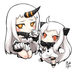 Rule 34 | 10s, abyssal ship, ahoge, blackgeneride, chibi, claws, detached sleeves, dress, horns, kantai collection, long hair, mittens, northern ocean princess, orange eyes, pale skin, red eyes, ribbed sweater, seaport princess, simple background, single horn, sitting, sweater, white background, white dress, white hair