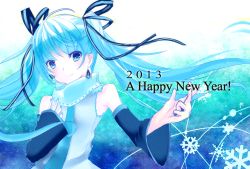 Rule 34 | 10s, 2013, blue eyes, blue hair, detached sleeves, earrings, hair ribbon, happy new year, hatsune miku, highres, jewelry, marth sao, necktie, new year, outstretched arm, ribbon, scarf, snow, twintails, vocaloid