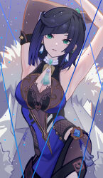 Rule 34 | 1girl, absurdres, ai dongdong, armpits, arms up, black hair, blue dress, bob cut, breasts, cleavage, commentary, cowboy shot, diagonal bangs, dice, dress, elbow gloves, english commentary, fur-trimmed jacket, fur trim, genshin impact, gloves, green eyes, head tilt, highres, jacket, jacket on shoulders, large breasts, looking at viewer, medium hair, parted lips, sleeveless, sleeveless dress, smile, solo, tassel, vision (genshin impact), white jacket, yelan (genshin impact)