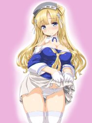Rule 34 | 1girl, blonde hair, blue eyes, blue shirt, blush, breasts, cleavage, clothes lift, dd (ijigendd), double bun, fletcher (kancolle), gloves, hair bun, hair ornament, highres, kantai collection, large breasts, lifted by self, long hair, neckerchief, off shoulder, panties, pink background, pleated skirt, sailor collar, shirt, simple background, skirt, skirt lift, smile, solo, star (symbol), star hair ornament, thighhighs, underwear, white gloves, white panties, white sailor collar, white skirt, white thighhighs, yellow neckerchief