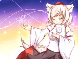 Rule 34 | 1girl, animal ears, bad id, bad pixiv id, breasts, chickenman, closed eyes, detached sleeves, female focus, hat, high collar, inubashiri momiji, medium breasts, outstretched arm, short hair, skirt, smile, solo, tail, tokin hat, touhou, wolf ears, wolf tail
