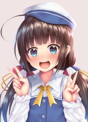 Rule 34 | 10s, 1girl, :d, ahoge, beret, blue eyes, blush, brown hair, double v, hat, hinatsuru ai, long hair, looking at viewer, low twintails, open mouth, pink background, puririn, ryuuou no oshigoto!, school uniform, simple background, smile, solo, twintails, upper body, v
