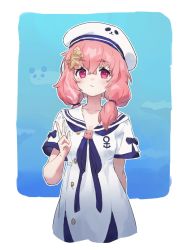 Rule 34 | 1girl, arm behind back, beret, blue bow, blue ribbon, border, bow, closed mouth, collarbone, commentary, dress, expressionless, ftst2020, hat, highres, looking at viewer, mole, mole under eye, neck ribbon, nijisanji, panda, pink eyes, pink hair, ribbon, romaji commentary, sailor collar, sailor dress, sasaki saku, sasaki saku (3rd costume), shell hair ornament, short sleeves, solo, standing, starfish hair ornament, virtual youtuber, w, white border, white dress, white hat, white sailor collar