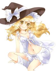 Rule 34 | 1girl, arm support, babydoll, blonde hair, bloomers, braid, collarbone, face, female focus, front-tie top, hat, kirisame marisa, lingerie, looking at viewer, loose thighhigh, navel, simple background, sitting, smile, solo, toraharu, touhou, underwear, underwear only, white bloomers, white legwear, witch, witch hat, yellow eyes