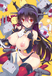 Rule 34 | 10s, 1girl, animal between breasts, bare shoulders, between breasts, black gloves, black hair, black panties, blush, boots, breasts, cat, elbow gloves, fang, fingerless gloves, gloves, headgear, highres, kantai collection, kurokawa izumi, large breasts, lifebuoy, long hair, nagato (kancolle), navel, nipples, open mouth, panties, rabbit, red eyes, red thighhighs, rensouhou-chan, sitting, solo, star (symbol), sweat, swim ring, thighhighs, underwear, wariza