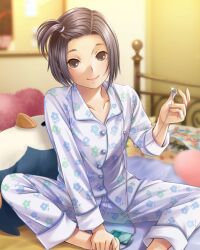 1girl asymmetrical_hair barefoot bird black_hair blue_pajamas bob_cut brown_eyes chips_(food) closed_mouth collarbone digital_media_player earphones floral_print food forehead hand_up hands_on_feet highres indoors knees_apart_feet_together kobayakawa_rinko long_sleeves looking_at_viewer love_plus official_art on_bed one_side_up pajamas parted_bangs penguin pink_lips potato_chips print_pajamas short_hair single_earphone_removed sitting solo stuffed_animal stuffed_toy